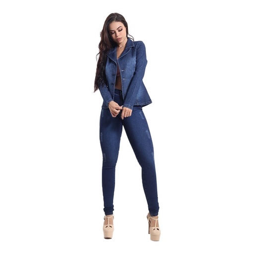 Conjunto Jeans Com Lycra Blazer Feminino + Calça Cintura Alta Levanta  Bumbum Moda Feminina