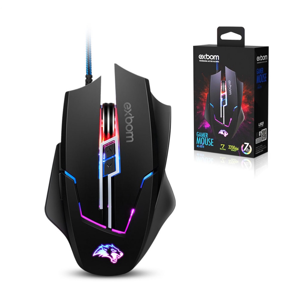 Mouse gamer com fio USB RGB com 7 botões 3200 dpi ajustável MS-G270 Exbom