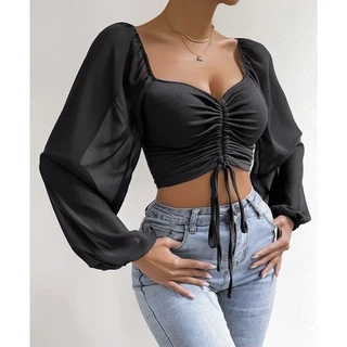 Cropped Blusinha Juliette Manga Longa Bufante Tule Com Bojo Sexy Tendência Amarrar Franzido