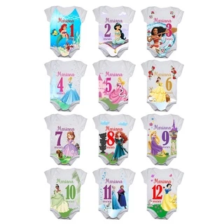 Kit Mesversario Princesas Body de Bebê Personalizado Kit Com 12 Bodies De 1 a 12 Meses
