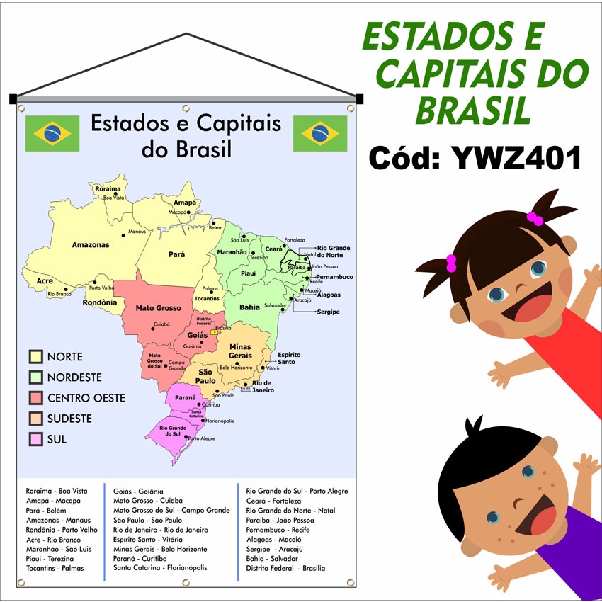 Pedagógico banner didático Mapa do Brasil estado e capitais geografia