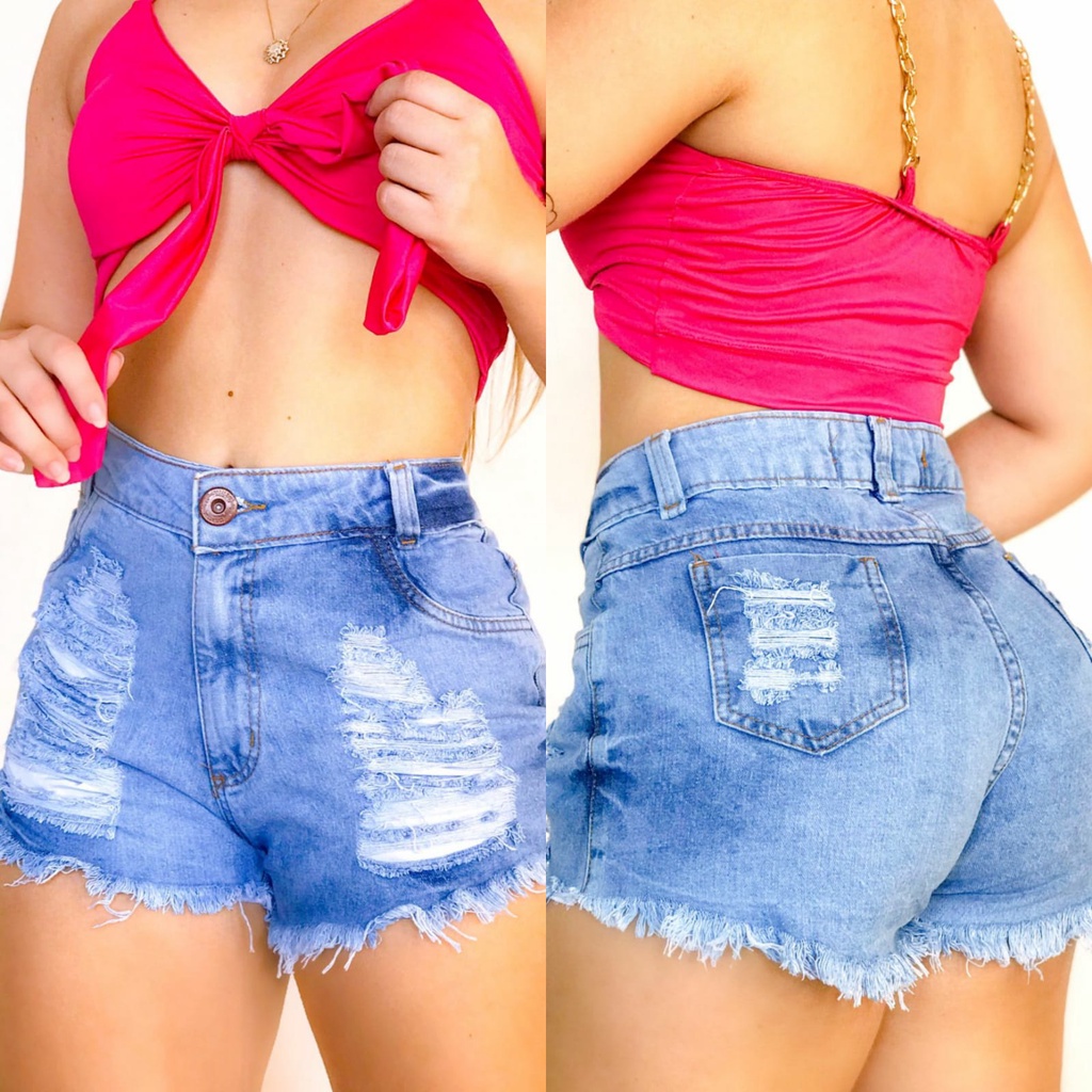 Short Jeans Bermuda Feminino Cintura Alta Desfiado Hot Pants