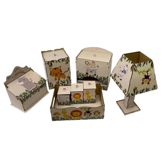 Safari Kit Higiene Farmácia com 8 Peças MDF Adesivado Cuidados com Bebe Multi Uso
