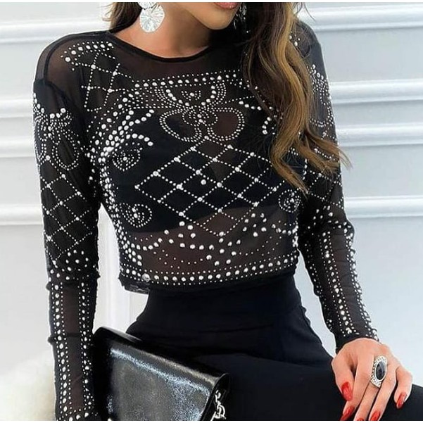Cropped Tule Preto com Pedrarias de Cristais