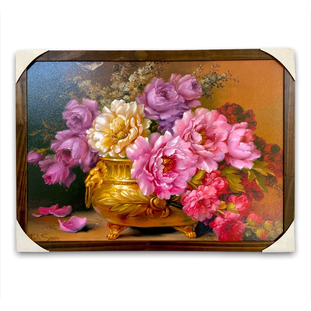 Quadro Decorativo Flores No Vaso de Ouro Moldurado 50x70cm | Shopee Brasil