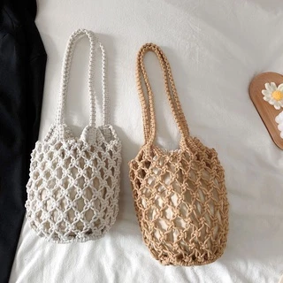Nova Bolsa De Praia De Verão Malha Oca Saco De Ombro De Algodão Rede De Pesca Em Crochê