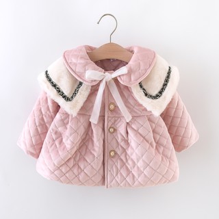 2023 Meninas Algodão Acolchoado Para O Inverno Roupas Infantis New Fashion Bow Lapela Cor Sólida Waffle Manga Longa Casaco Grosso Adequado De 9 Meses A 3 Anos