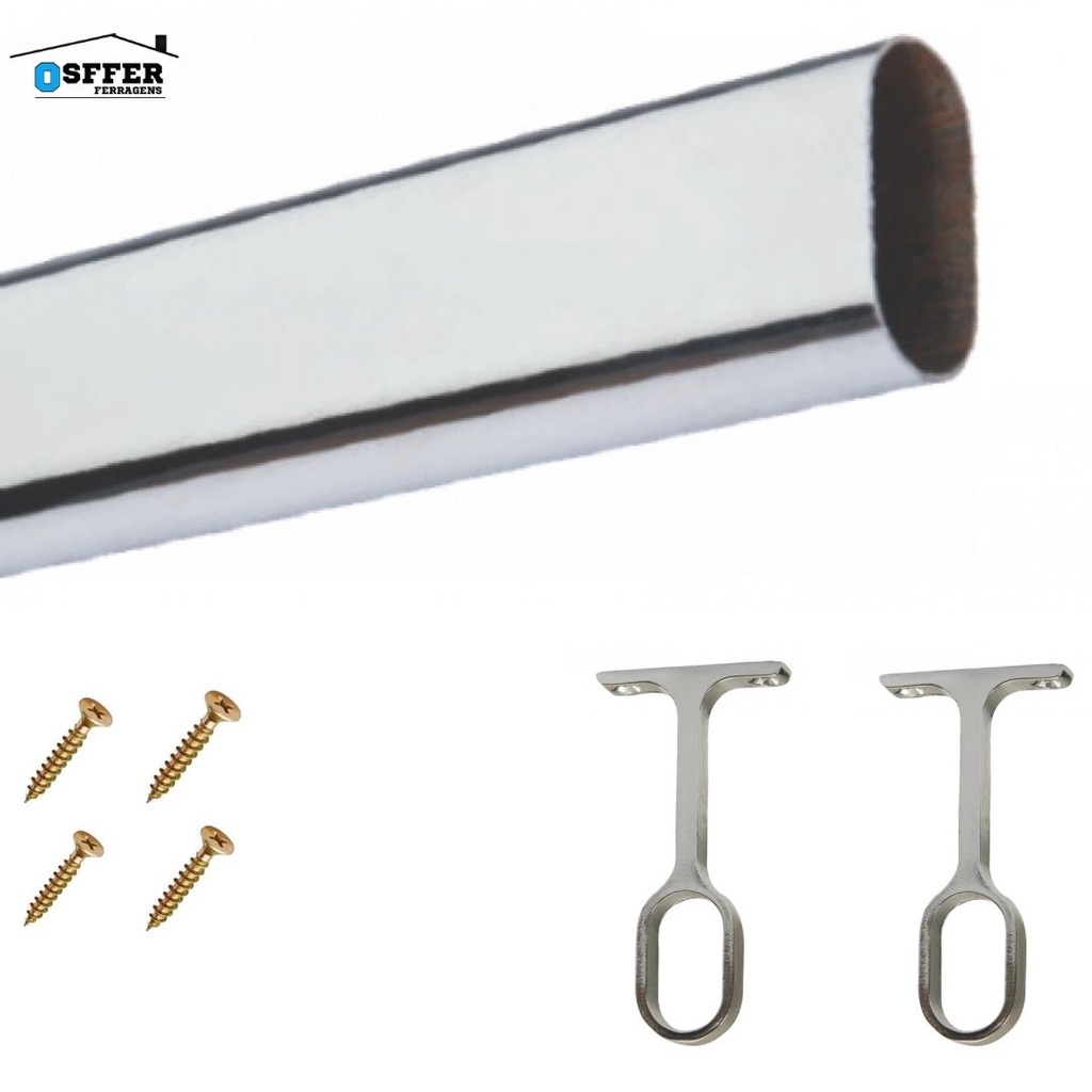 Tubo Cabideiro Cromado OVAL até 120cm C/ 2 Suportes e parafusos