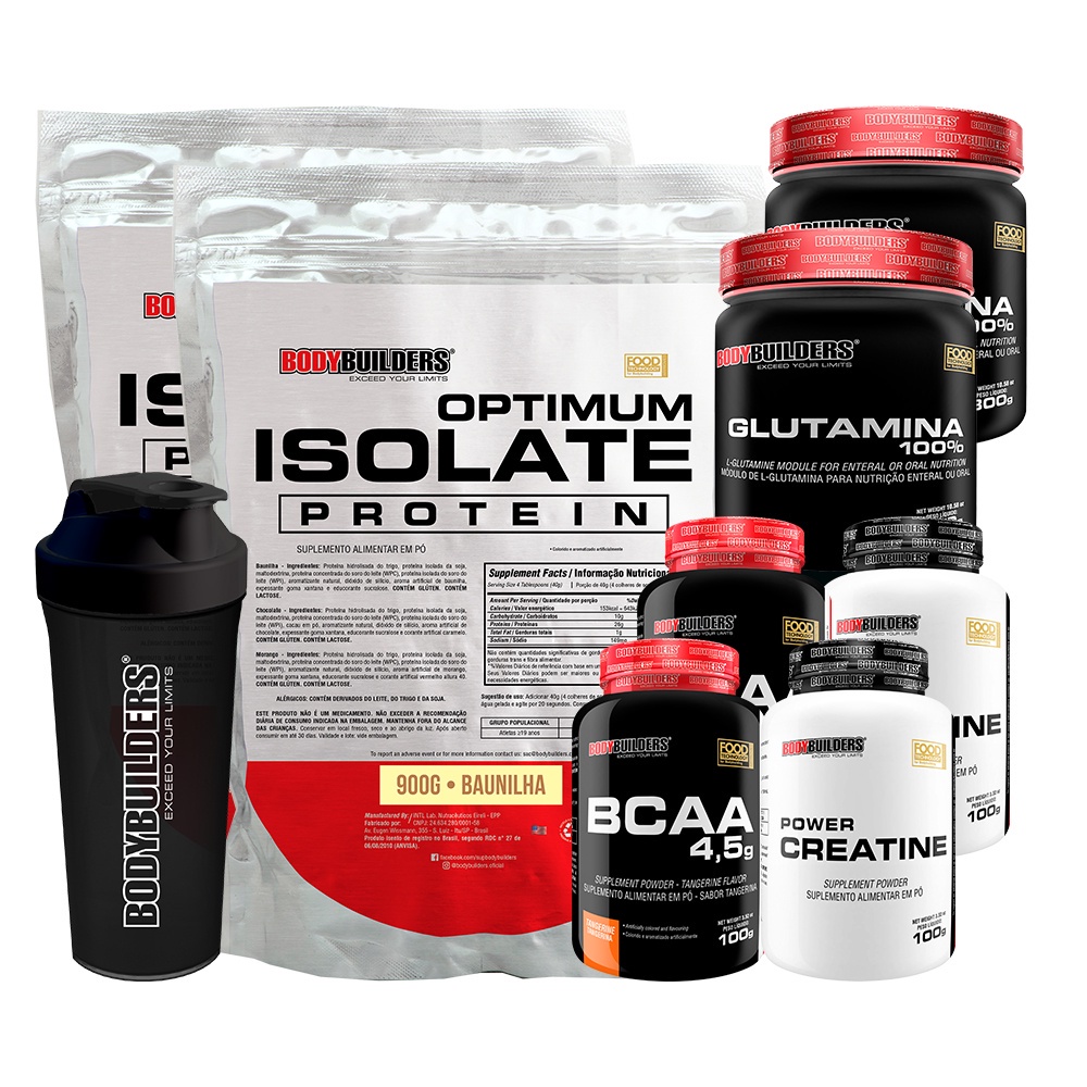 Kit 2x Whey Protein Optimum Isolate + 2x BCAA 100g + 2x Creatina 100g + 2x Glutamina 300g + Coqueteleira  -Bodybui