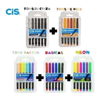 Caneta Brush Pen Cis Aquarelável com 6 cores (Neon - Tons de Cinza - Tons Pastel - Básicas ou Tons de Pele)