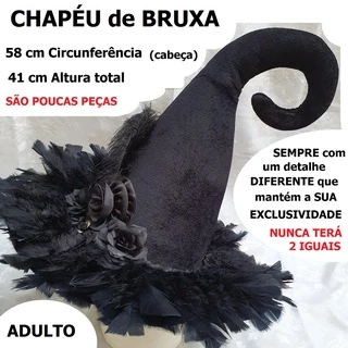 Chapéu Bruxa Veludo Preto PONTA CURVA, Flores E Penas Cosplay Halloween LUXO