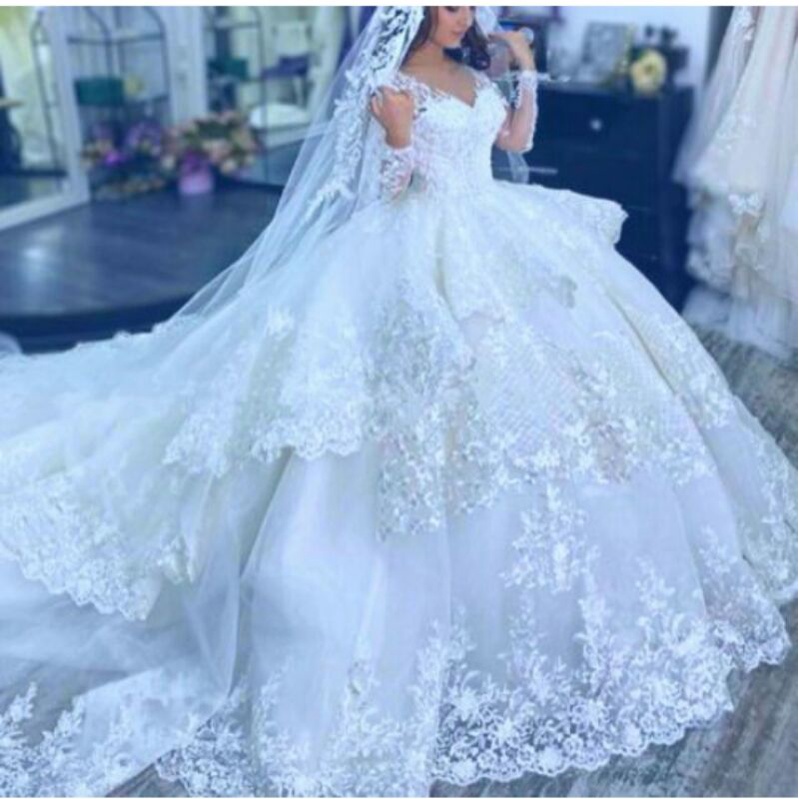 Vestido de noiva de renda e tule, vestido de noiva princesa, feito