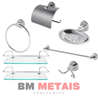 Kit Acessórios Banheiro inox 5peças + 2 Porta Shampoo Reto