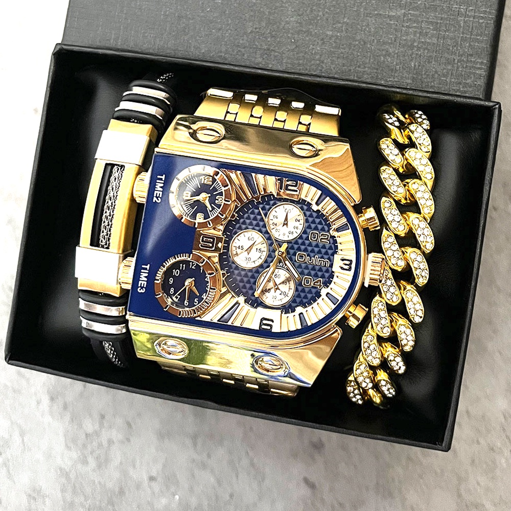 Relógio Oulm Gold Mens Watch Marca De Luxo Vida Em Aço Inoxidável À Prova D'água Big Dial Com Calendário Pulseira De Quartzo Dourado Pulso Conjunto De Presente 2022