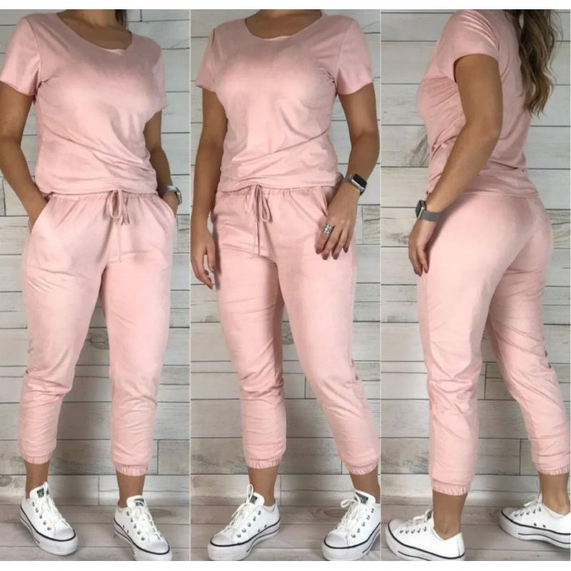 Conjunto feminino tecido suede calça jogguer blusa manga curta moda estilo  - AliExpress