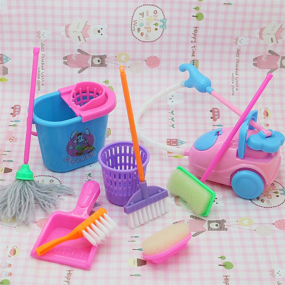 9 Pcs Plástico Mini Kit De Limpeza De Móveis De Casas De Boneca Barbie  Bonecas Ferramentas Fingir Brinquedos Do Jogo