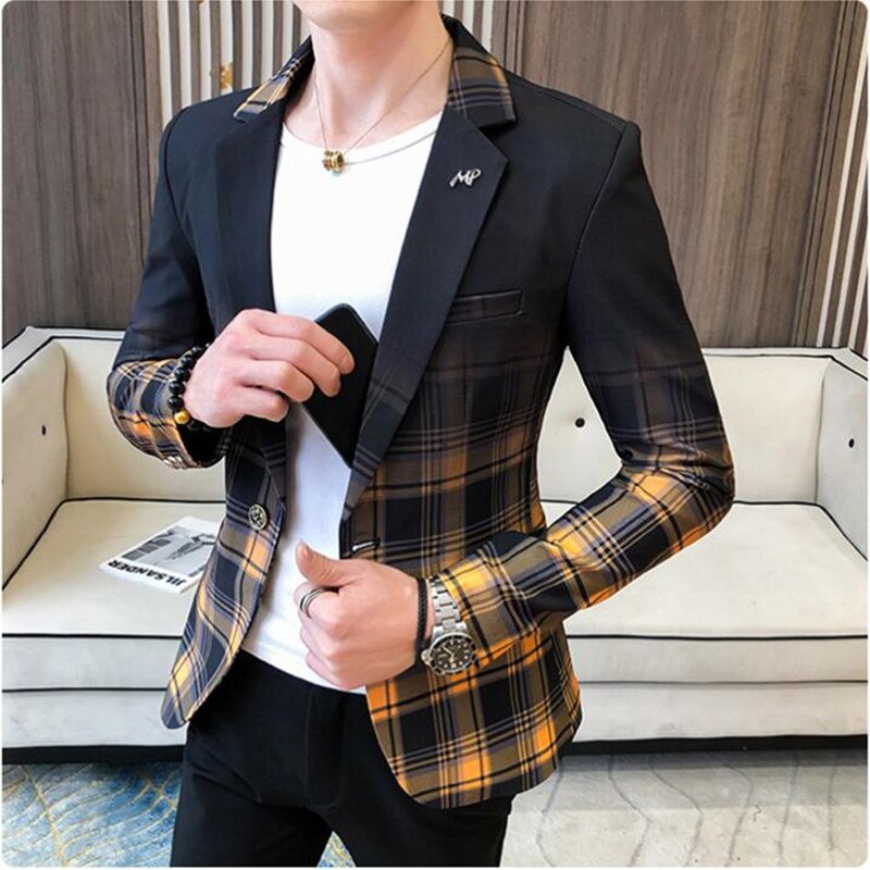 Blazer xadrez estilo inglês masculino, jaqueta de terno, roupa