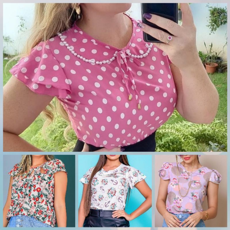 Blusa Feminina Manga Curta com Renda Estampada Moda Evangélica Social  Executiva Barata Promoção - Tamanho GG