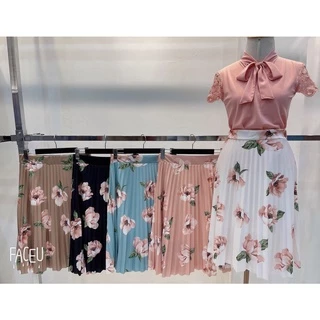 Saia Plissada Midi Elegante Cintura Alta FIor-0229