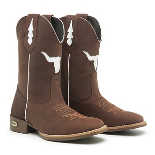 Bota Texana Masculina Botina Country Touro Montaria Bico Quadrado Couro Cano Alto Sola Marrom