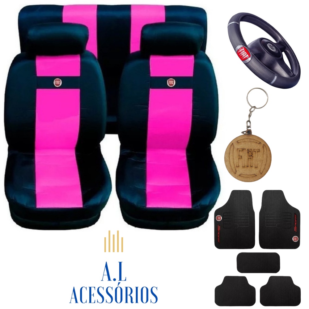 Kit Capa de Banco Rosa Para Carro Fiat Palio 1995 1996 1997 1998 1999 2000 + Capa De Volante + Tapetes