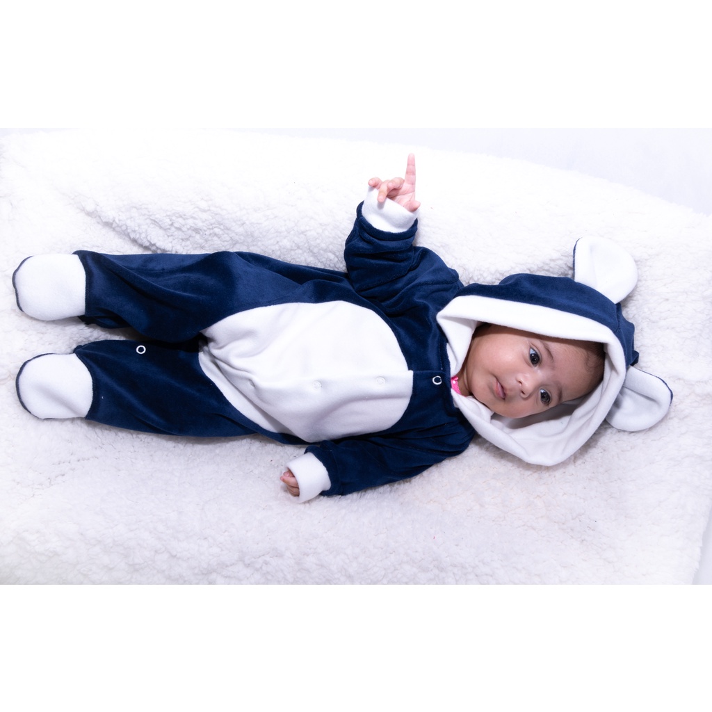 Macacão Bebe e Infantil Plush Manga Longa com Touca de Orelhinha Menino