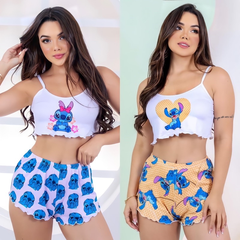 Pijama Curto Adulto Feminino Lilo Stitch Blusa E Short Doll - R$ 49,2