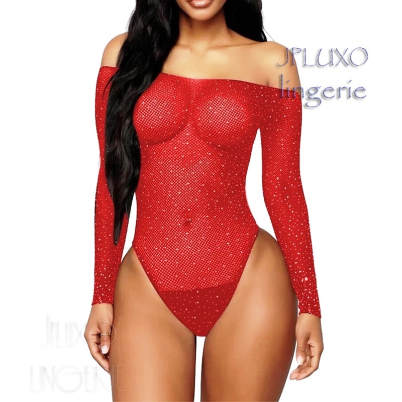 Body Arrast o Strass meio Corpo vermelho bory bore brilho maio brilhante lingerie sensual sexy manga longa