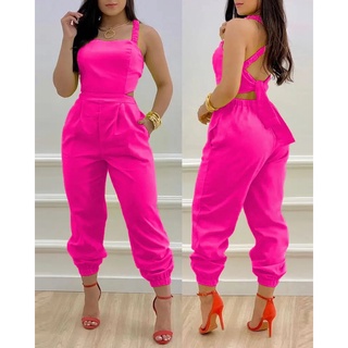 Pum-Women's Summer Bodycon Rompers Manga Longa Cruzada Sem Costas Pescoço  Sólido Cor Do Macacão Fato De Salto