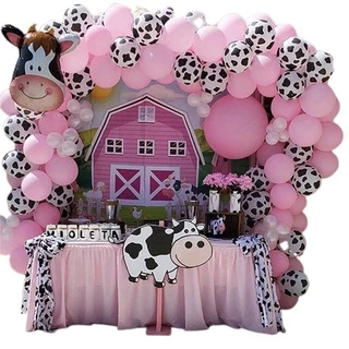 Kit 25 Balão Rosa 9 Pol + 25 Vaquinha 9 Pol + 1 Vaquinha Metalizada Fazendinha Menina