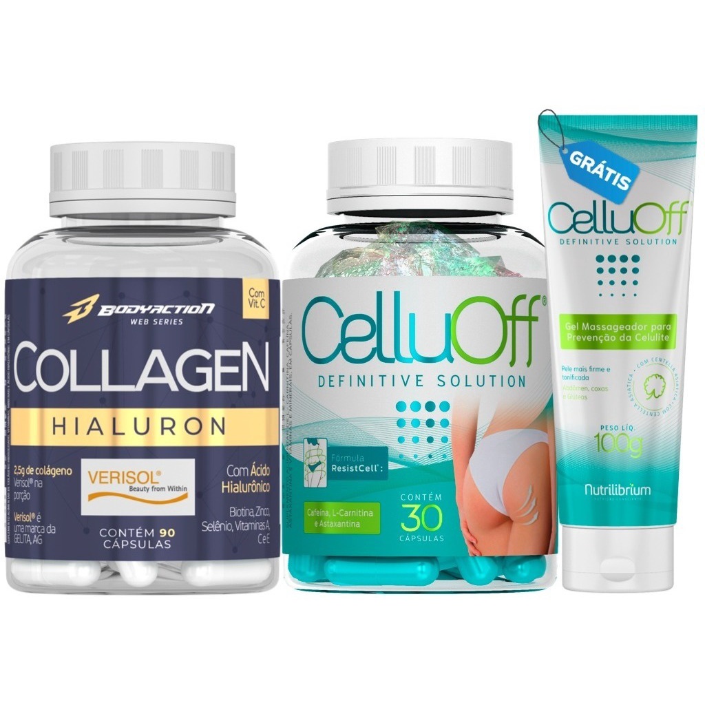 Colágeno Verisol Hialuron + Celluoff 30 Caps + Gel Bodyaction | Shopee ...