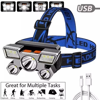 Lanterna De Cabeça Holofote 5 LED Super Brilhante USB À Prova Dágua Recarregável