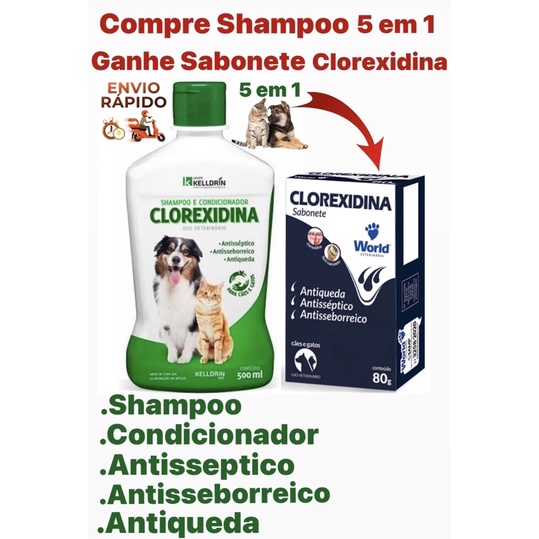 Shampoo e condicionador 5 em 1 de Clorexidina Pet Para Cachorro e Gato