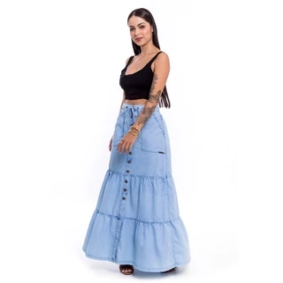 Saia Longa Jeans Tecido Leve com Botões S3905