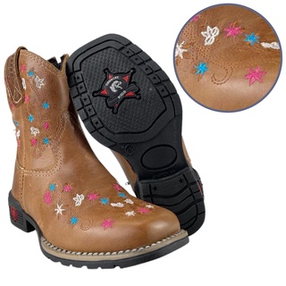 Bota Country Texana Infantil Aragoni Fóssil Pinhão Couro Natural Com Bordado De Flor