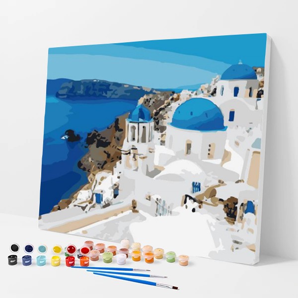 Pintura De Bricolaje Por Números Kits De Paisaje De Santorini Pintura Por Números Para Adultos Pinturas Pintadas A Mano Decoración De La Pared Del Hogar, Marco Diy, 50X70Cm Pintar Por Números Pintur