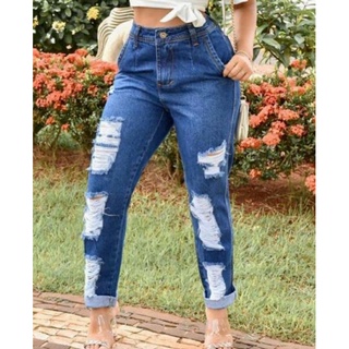 Calça Jeans Rasgada Feminina/ Mom Destroyd Boyfriend Cintura