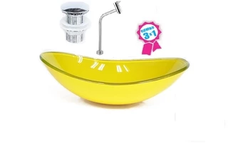 CUBA DE VIDRO OVAL 47CM AMARELA + VÁLVULA CLICK + TORNEIRA DE METAL