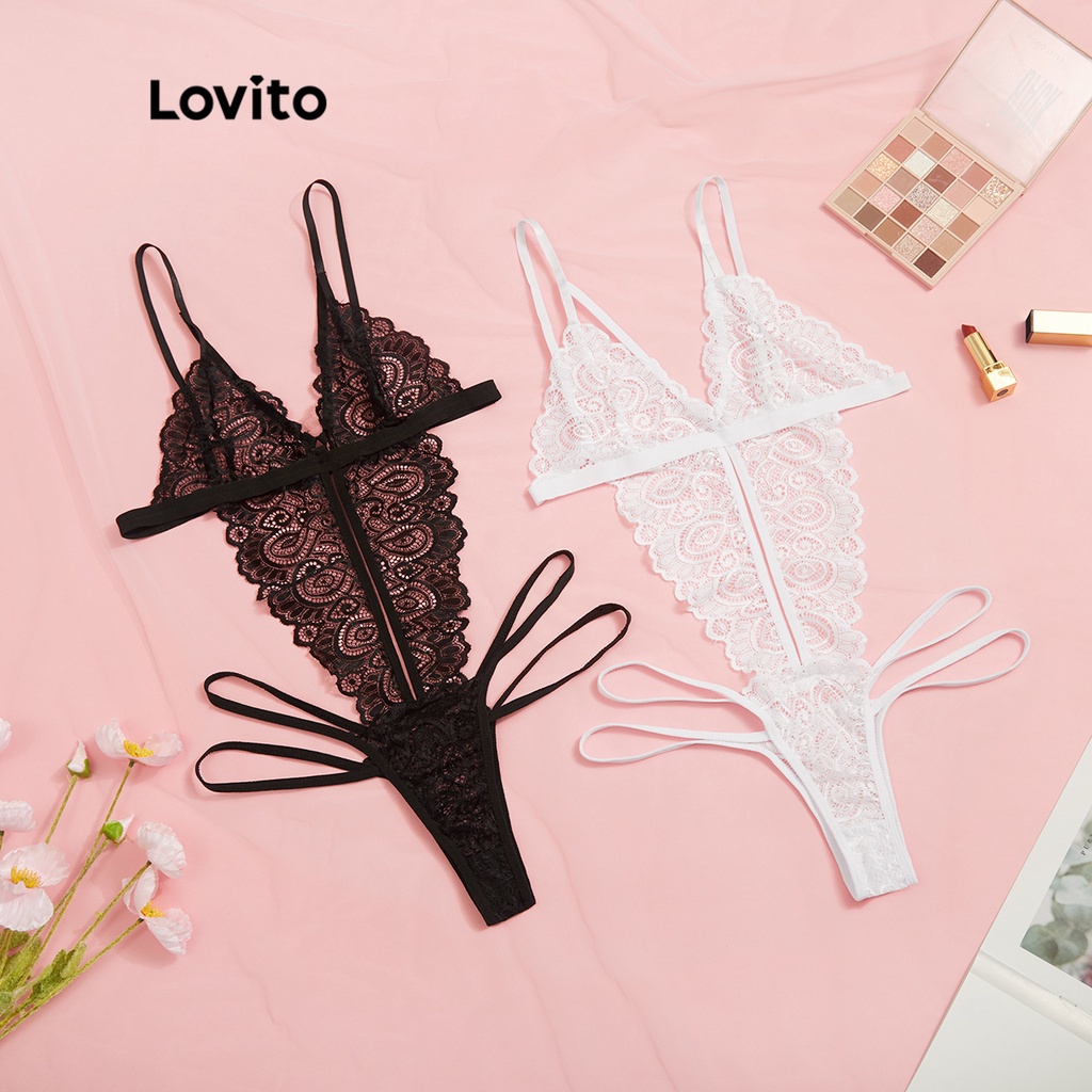 Lovito Lingerie Sexy de Renda Transparente com Padrão Cruzado L17X476 (Branco/Preto)