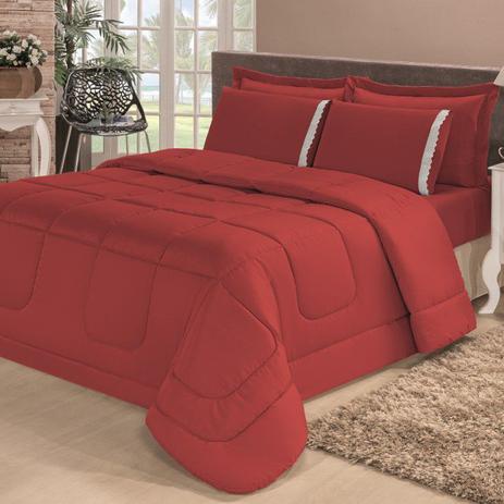 Kit Aconchego Casal Queen Edredom+ Jogo Lençol Roupa De Cama Vermelho