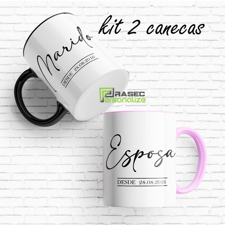 Kit com 2 Canecas Esposa e Marido - Personalizadas com Data