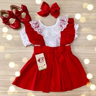Salopete Infantil Vermelho Natal Menina Bebe Rendado Lizzie