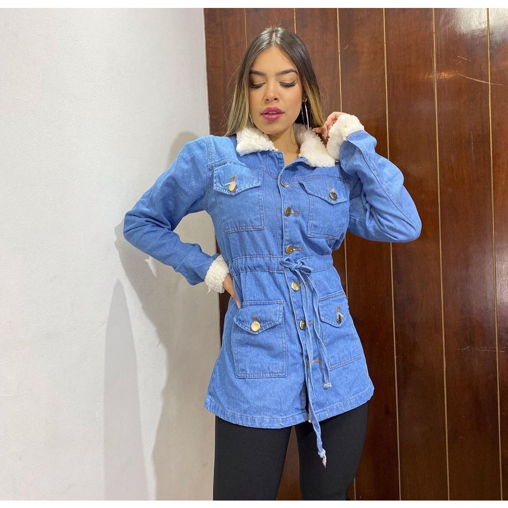 Jaqueta parka store jeans forrada feminina