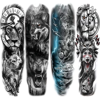 Briyhose Leão Lobo Temporária Tatuagem Da Luva Grande Braço Cheio Animal Tribal Tatuagens Falsas Para Homens Mulheres Adulto Tatoo Adesivos Arte Do Corpo