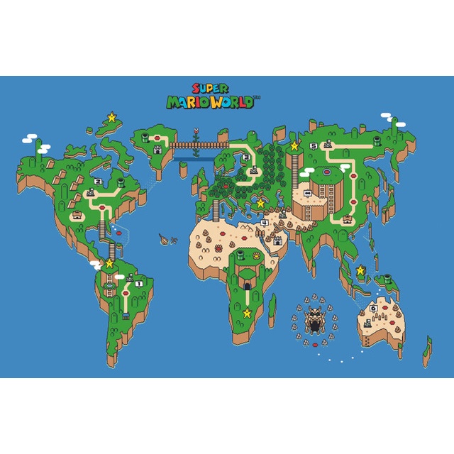 quadro decorativo mapa mário world gamer retrô decoração 60x40 cm