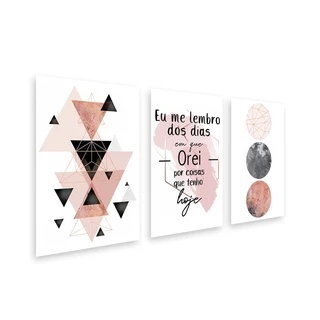 Kit 3 Placas Quadros Decorativos Geométrico Rosê Dourado Eu me Lembro 20x30cm