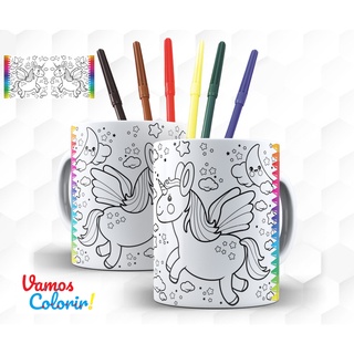 Kit Caneca para pintar Unicórnio + Jogo de canetinhas Laváveis