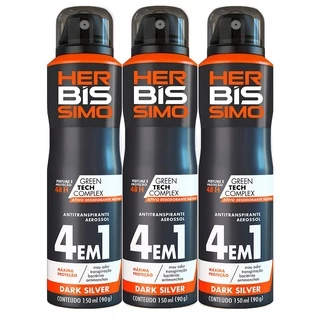 Kit Desodorante Aerosol Antitranspirante Herbissimo Dark Silver 150Ml com 3 Unidades