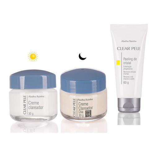 Creme Clareador Facial Dia + Creme Facial Noturno + Peeling de Cristal - Kit Clareador Clear Pele Abelha Rainha .