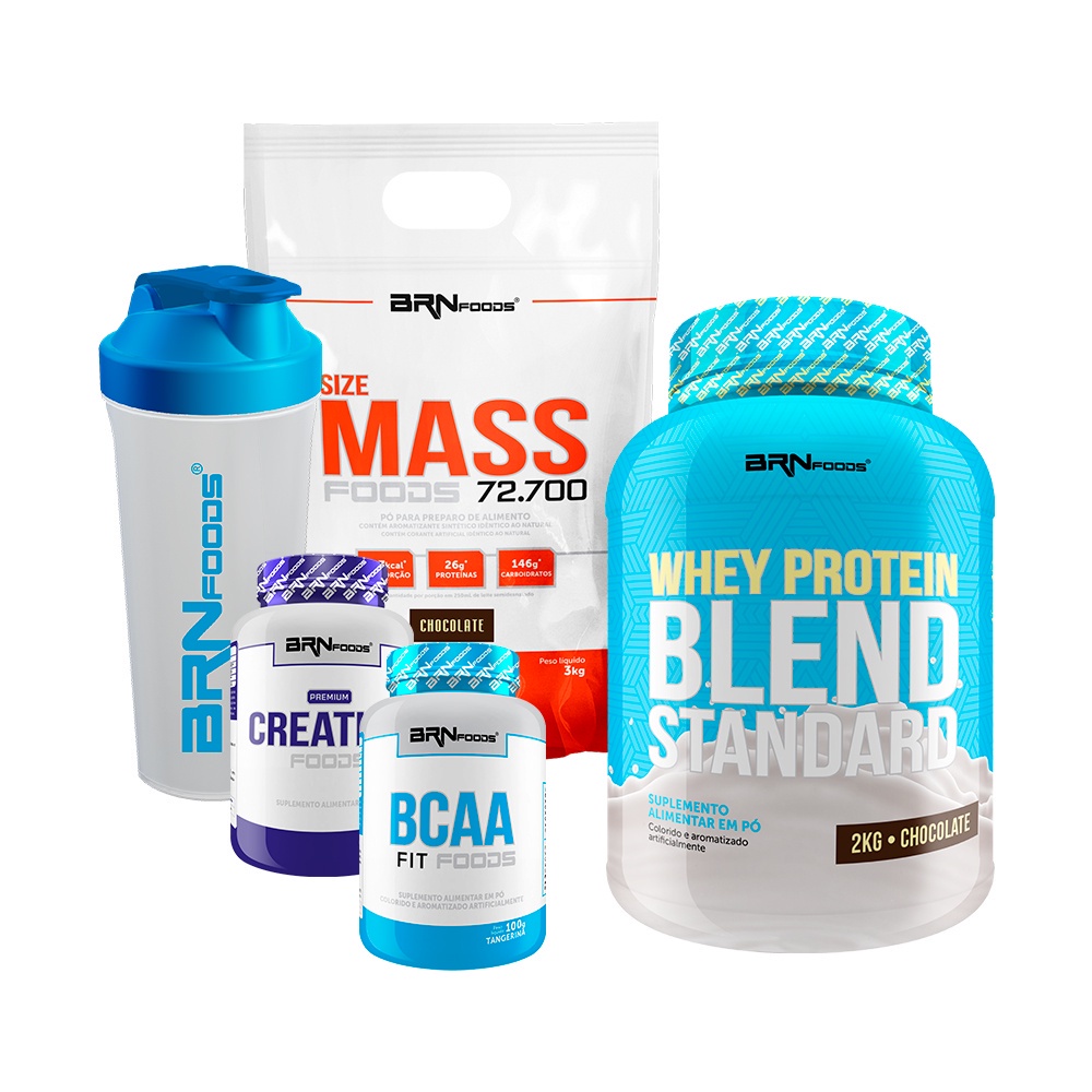 Kit Hipercalórico Size Mass 3kg + Whey Protein Blend Standard 2kg + Premium Creatina 100g + BCAA 100g + Coqueteleira – BRN Foods